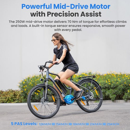 Touroll MA2 Electric Bike, 250W Mid-Drive Motor, 36V 13Ah